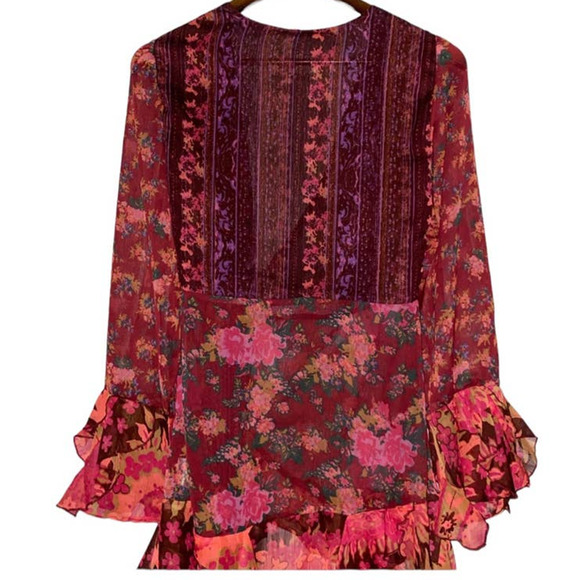 Free People Magic Hour Sheer Floral Wrap Tunic Top Red Pink Combo Size XS - Picture 9 of 10